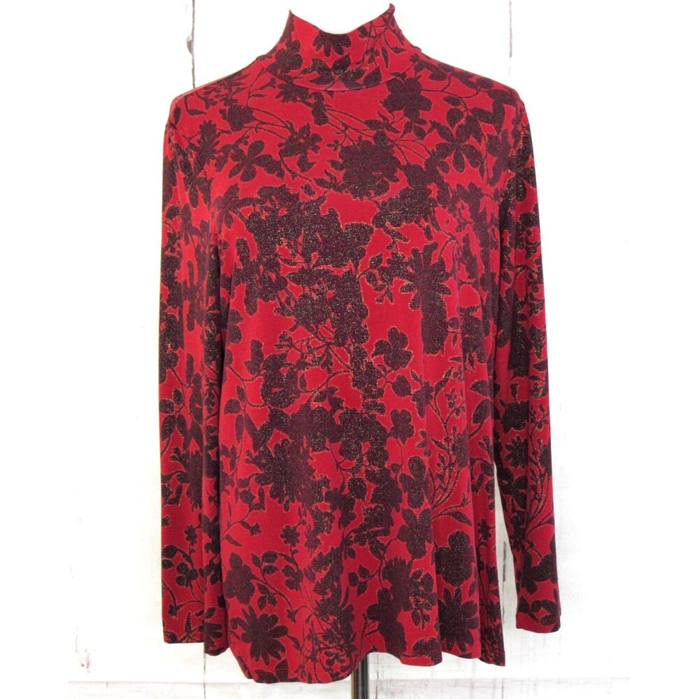 Chico's Long Sleeve Pullover Knit Top Mock Neck Floral Red Black Size 3/XL